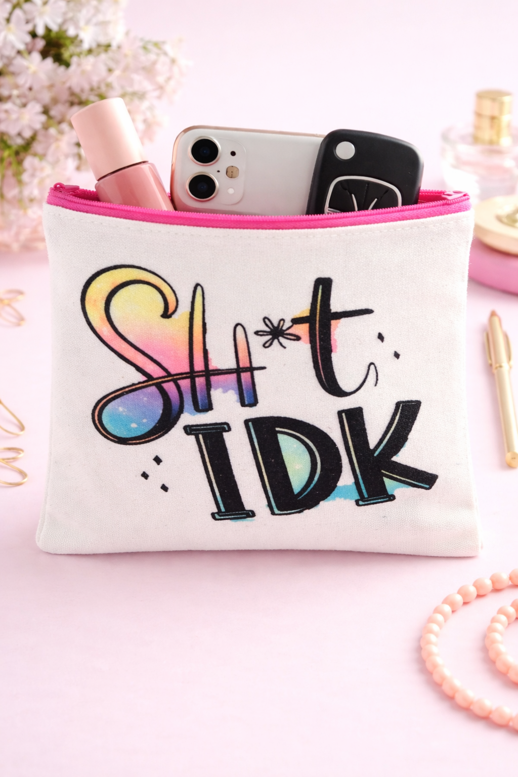 Sh*t IDK Makeup Bag – Funny Cosmetic Pouch | Travel Organizer | Pencil Case | Canvas Zipper Bag